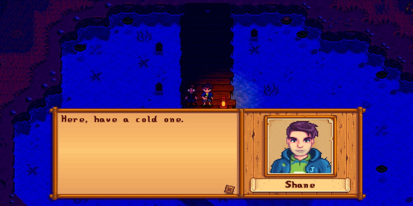 Pixel art - video game dialogue of Shane from Stardew Valley saying 'Here, have a cold one'