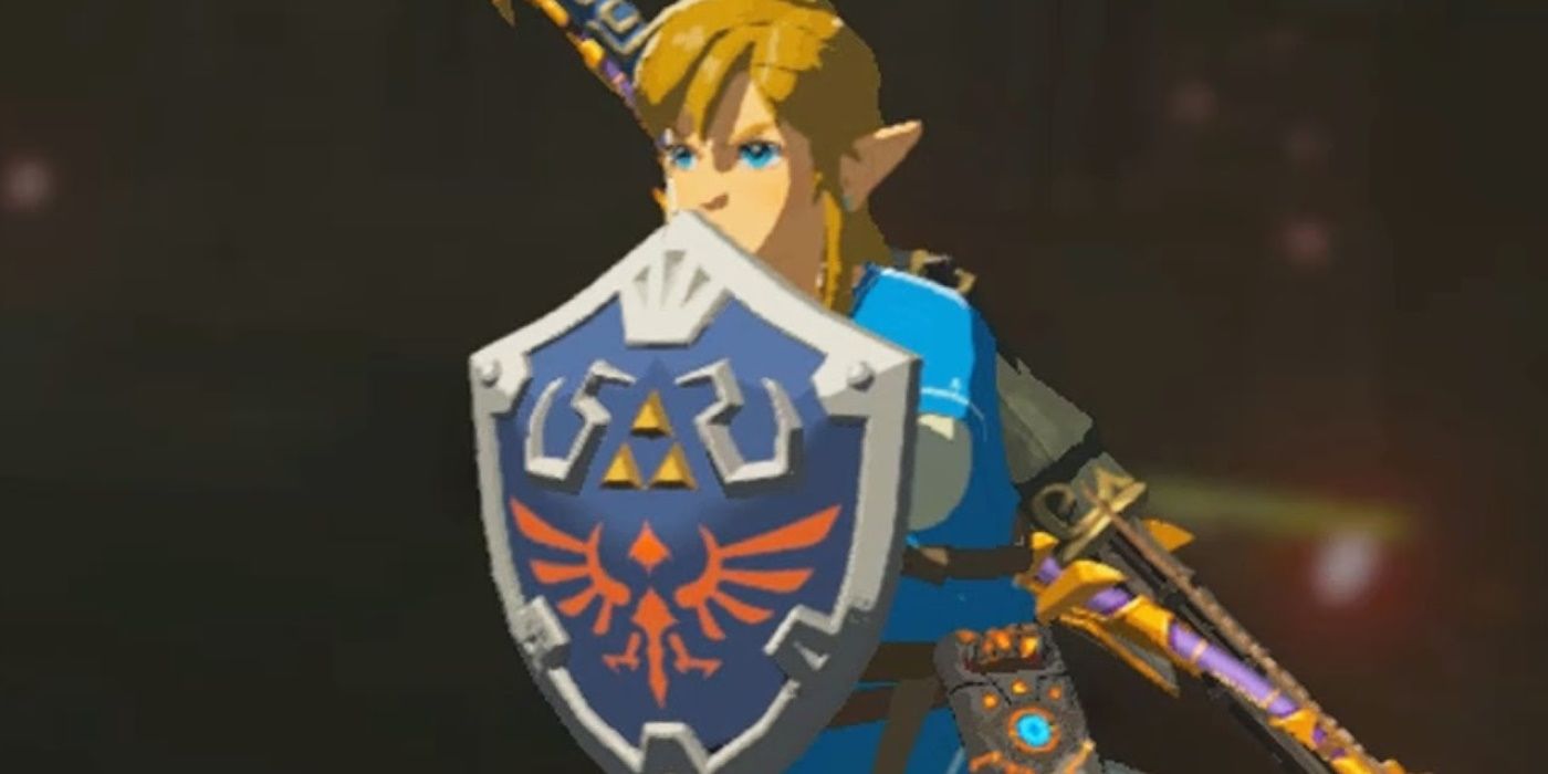 Link blocking with a Hylian shield in Breath of the Wild
