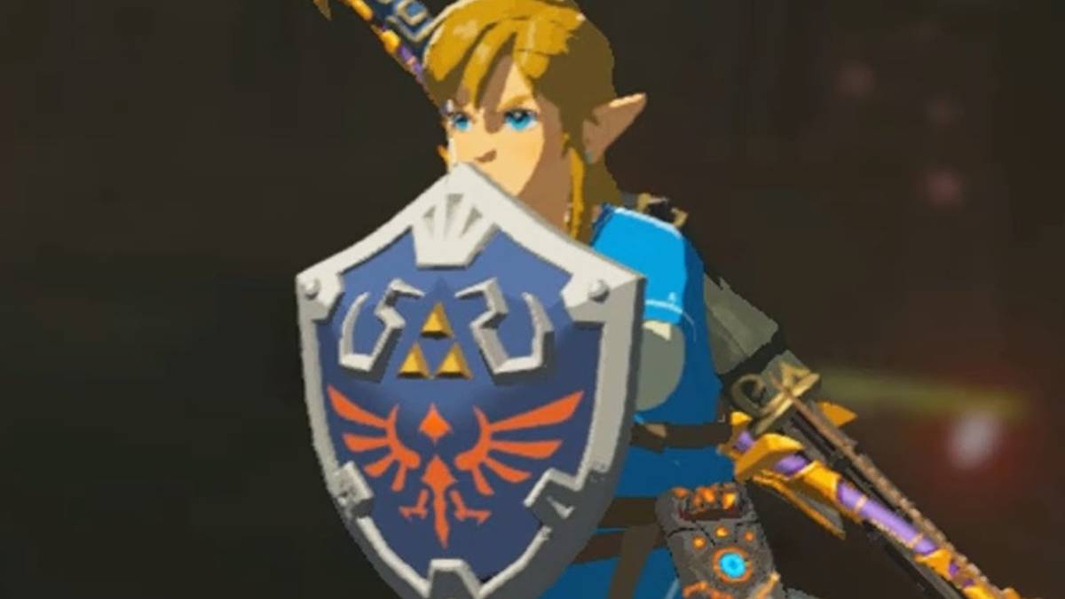 Link blocking with a Hylian shield in Breath of the Wild