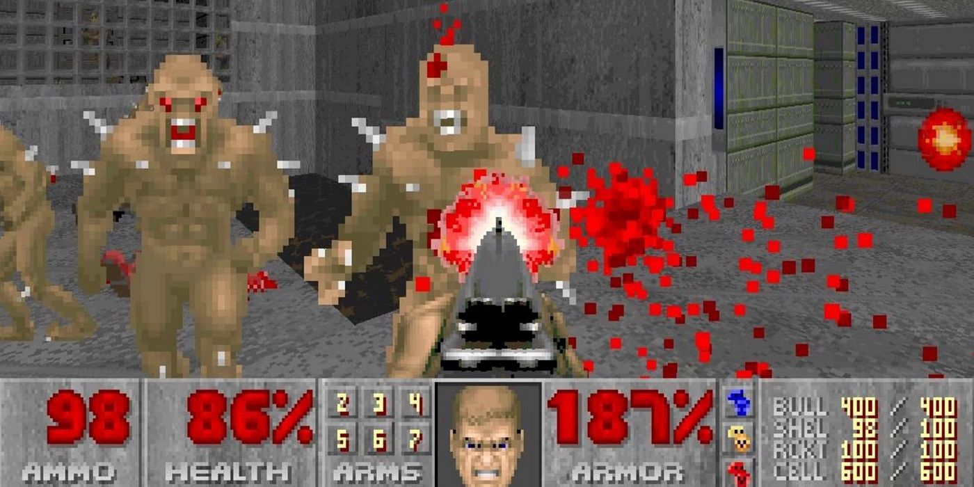 Aiming a gun at an enemy in Doom 2