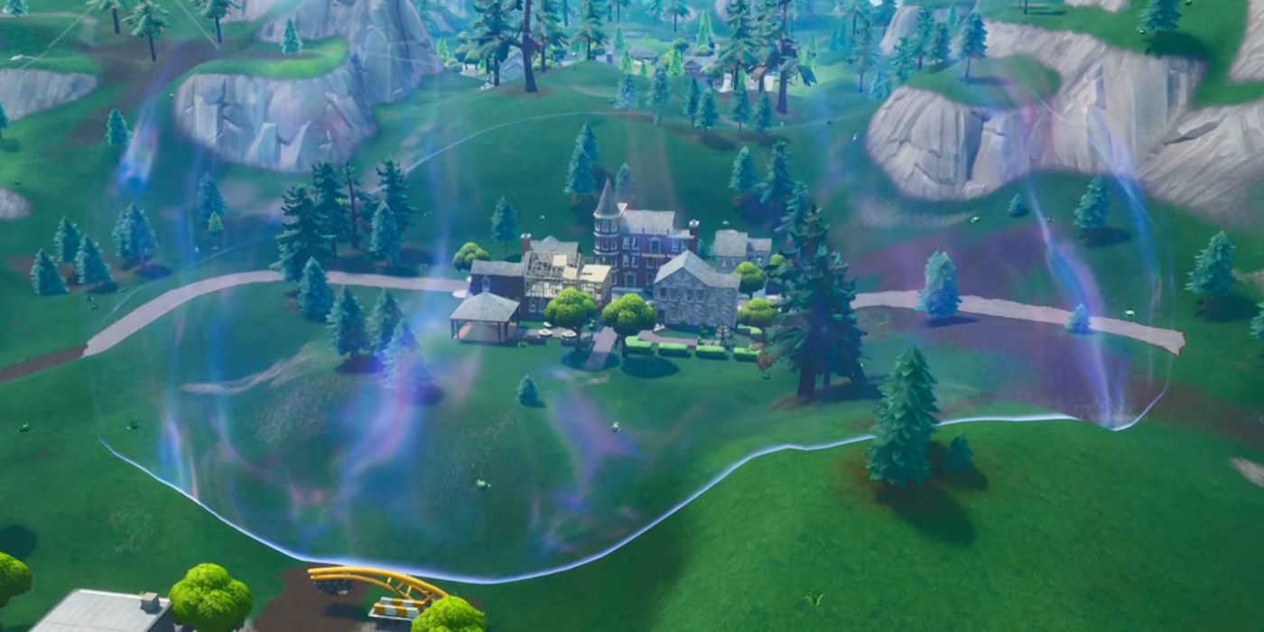 Fortnite small town engulfed by blue forcefield