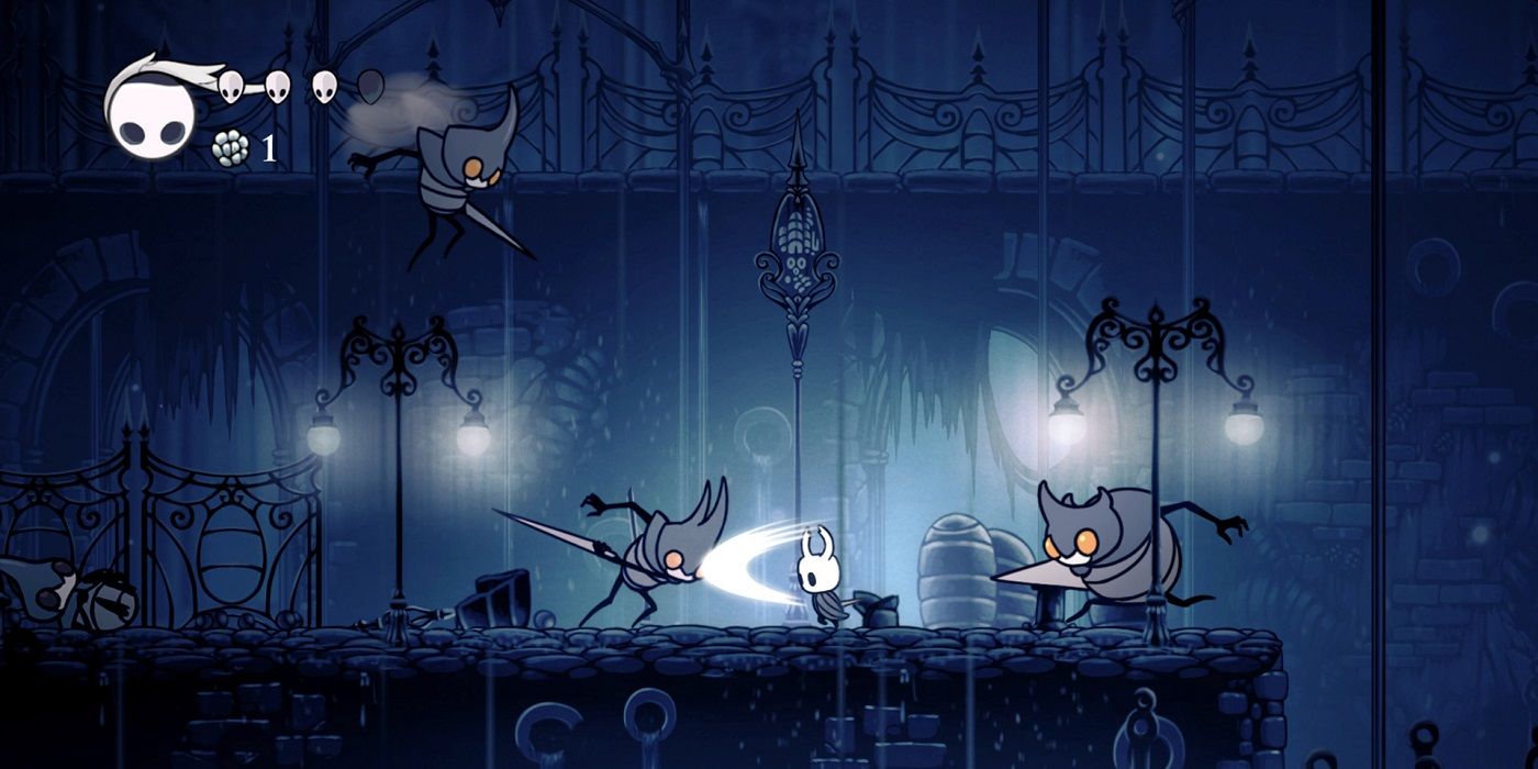 hollow knight swordplay with armored insect foes