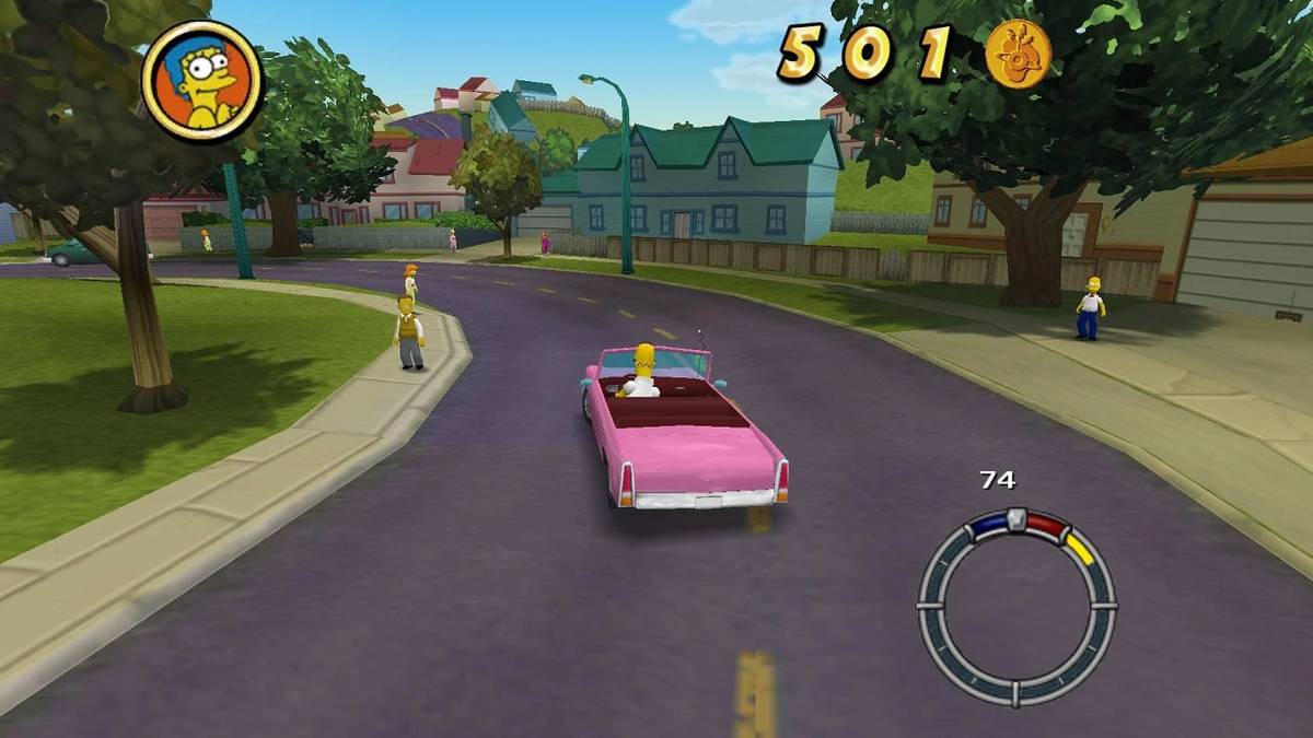 Homer driving his Sedan in The Simpsons: Hit and Run