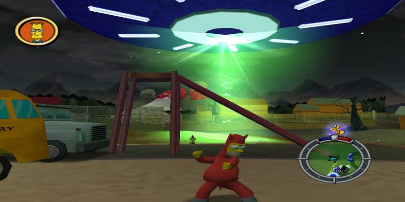 evil homer dances in front of spaceship