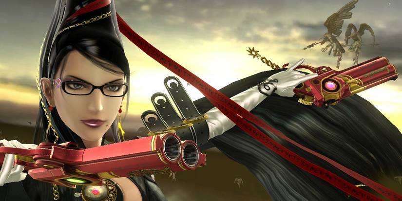 Close up of Bayonetta aiming a gun 