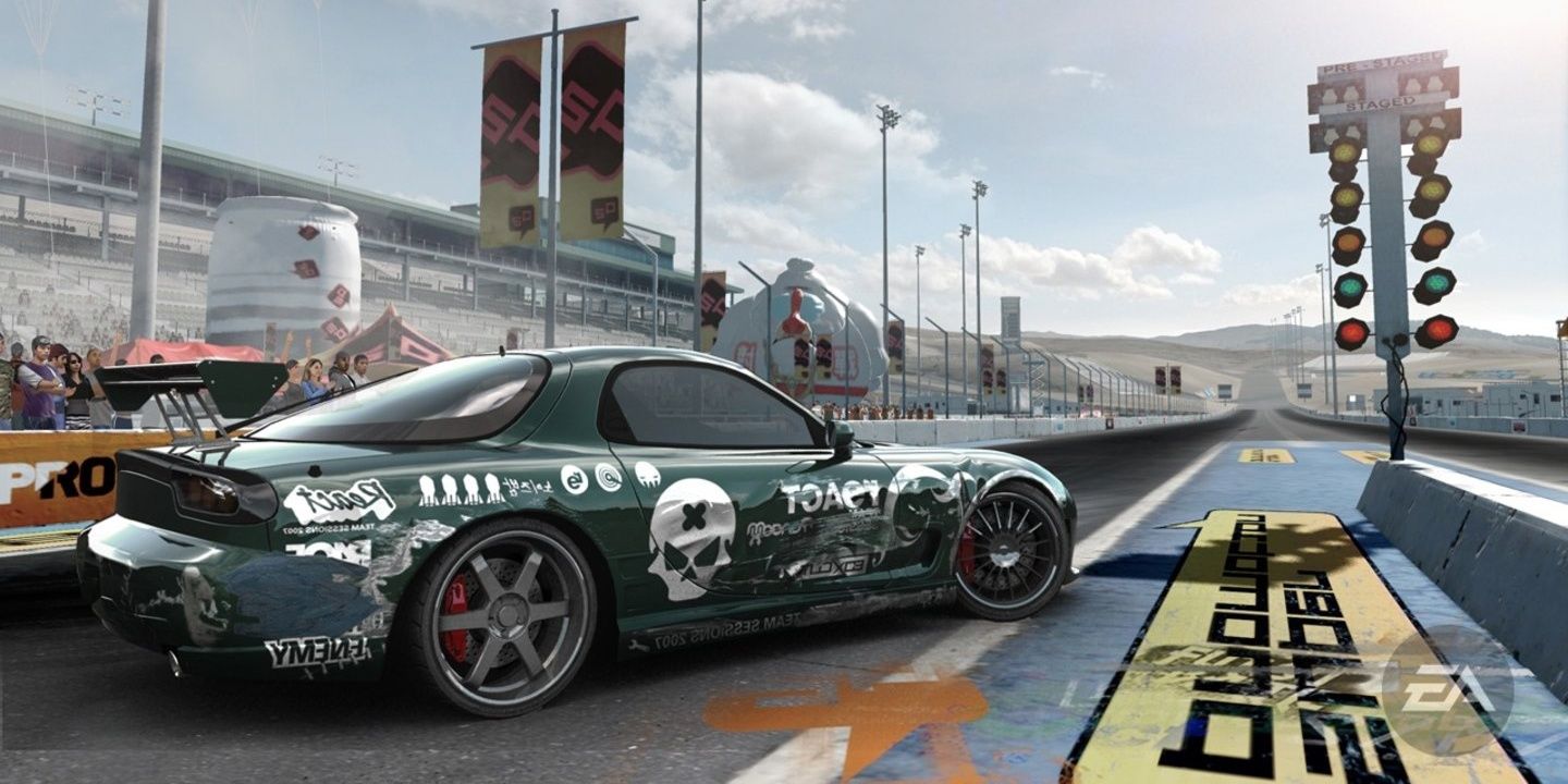 A green color sports car waits to start driving in Need For Speed ProStreet