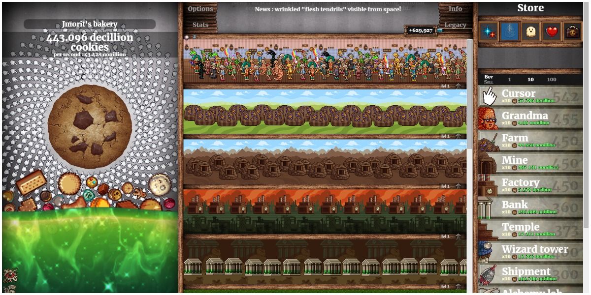 Cookie Clicker store and gameplay interface