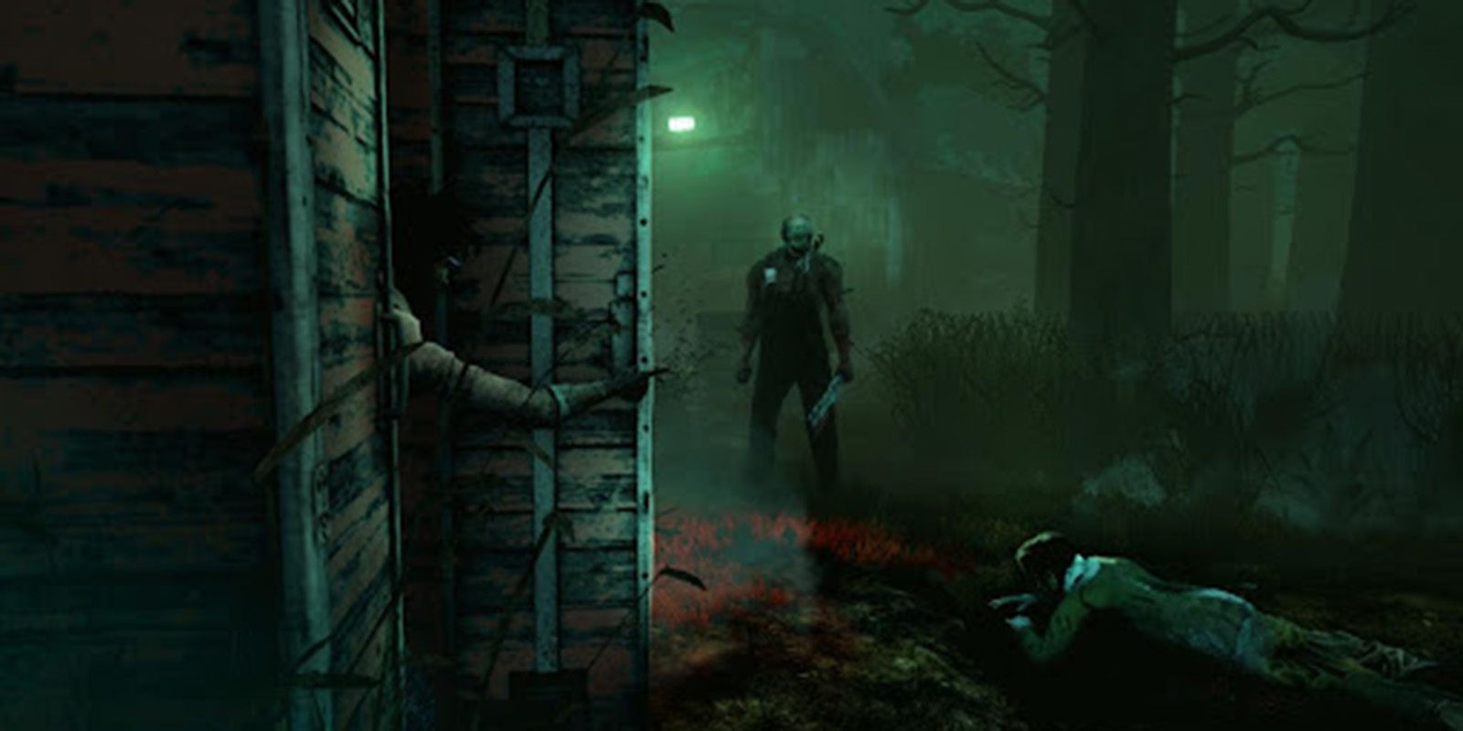 Dead By Daylight Survivor On Floor And Locker With Killer In Background