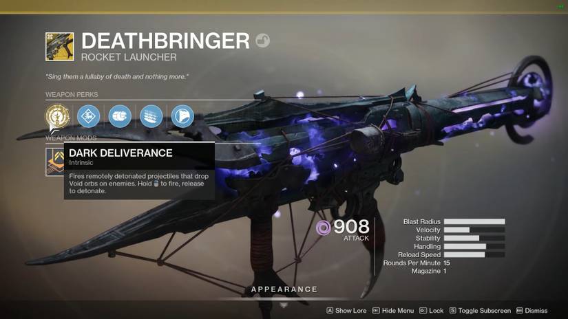 destiny 2 shadowkeep deathbringer exotic rocket launcher perks