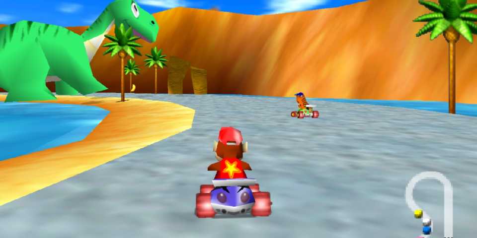 Diddy Kong Racing racing on track near water and Dinosaur