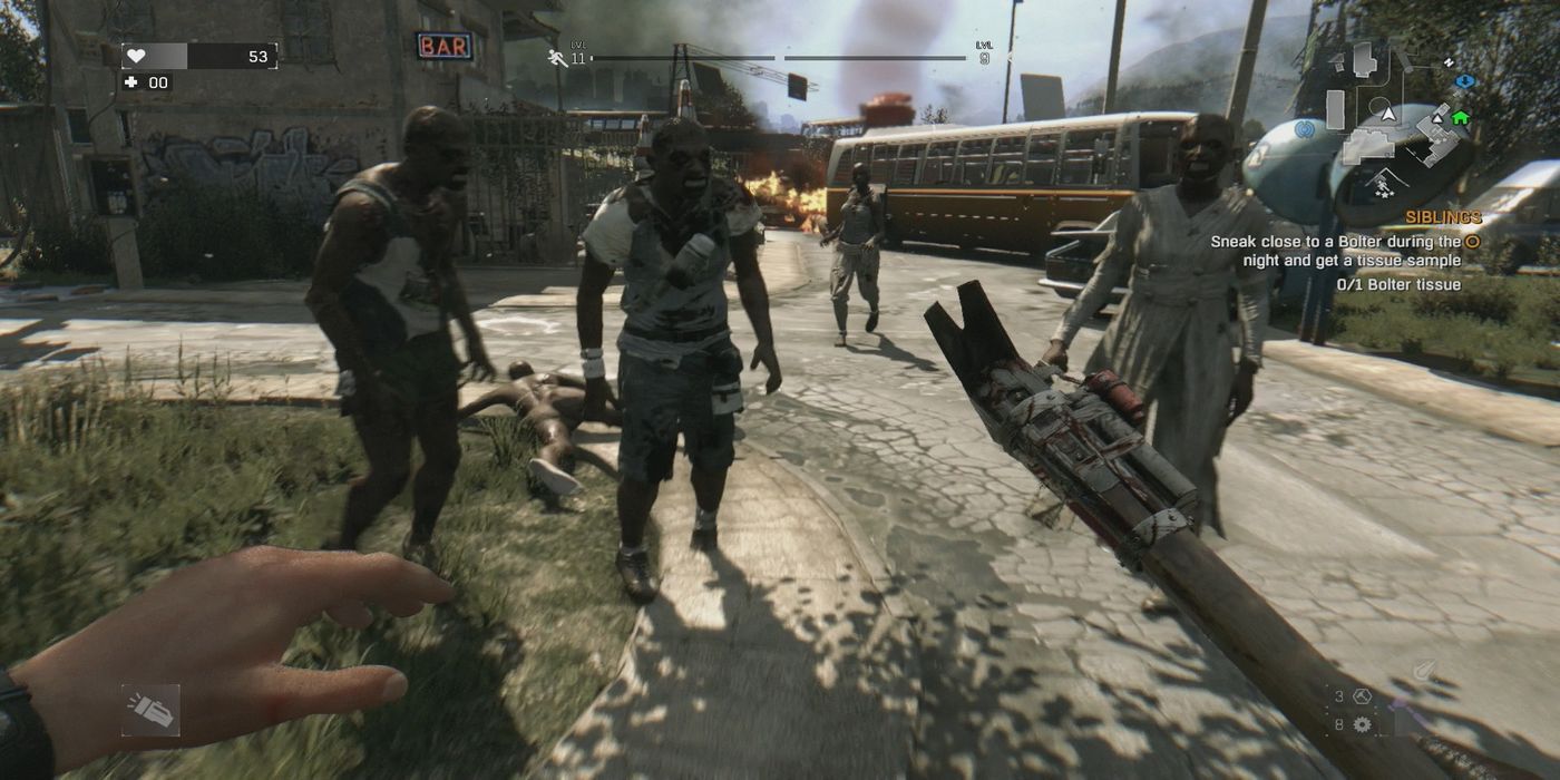 dying light player approaching a group of zombies