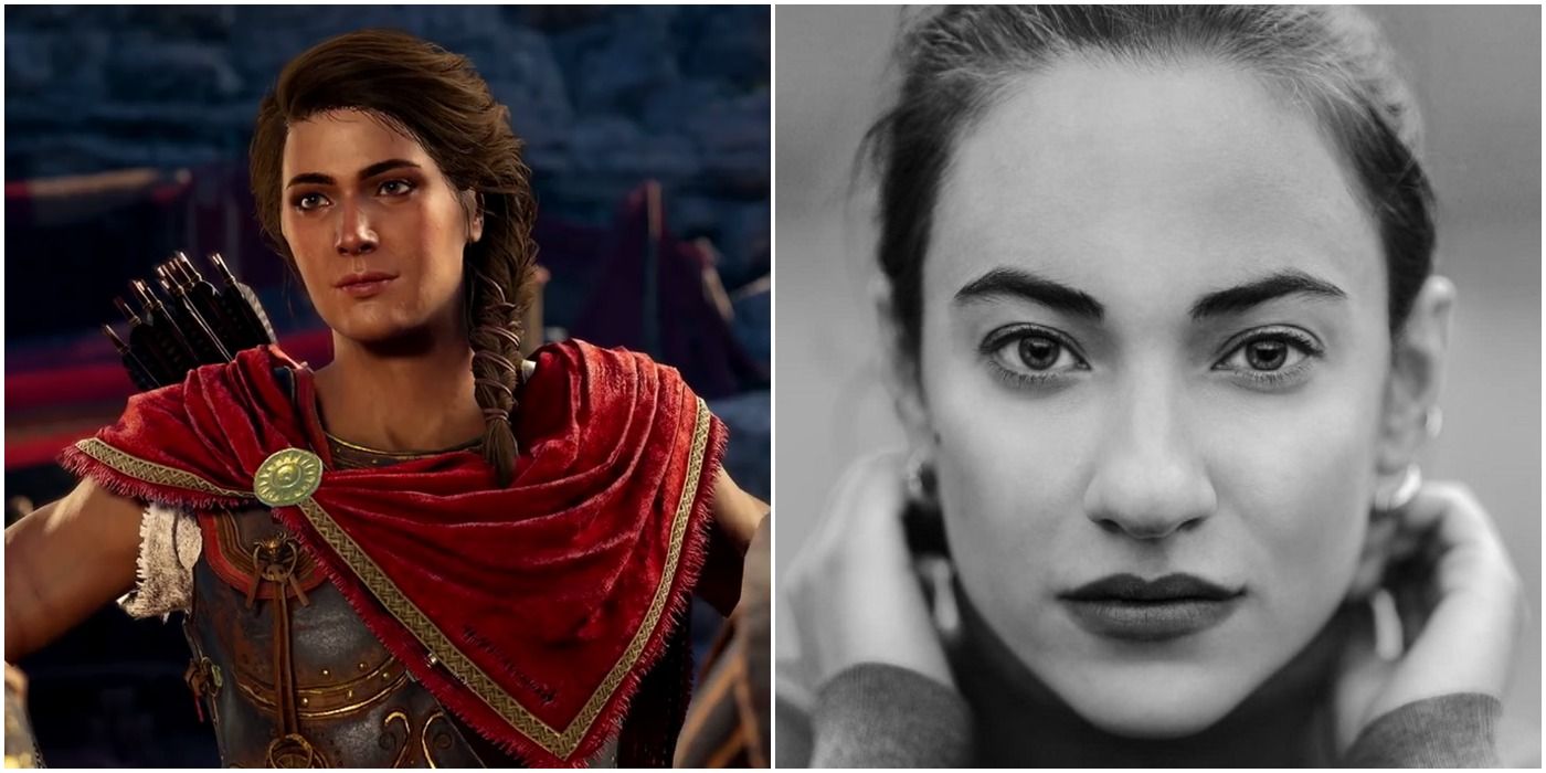 image of Kassandra and her voice actor Melissanthi Mahut in Assassin's Creed Odyssey