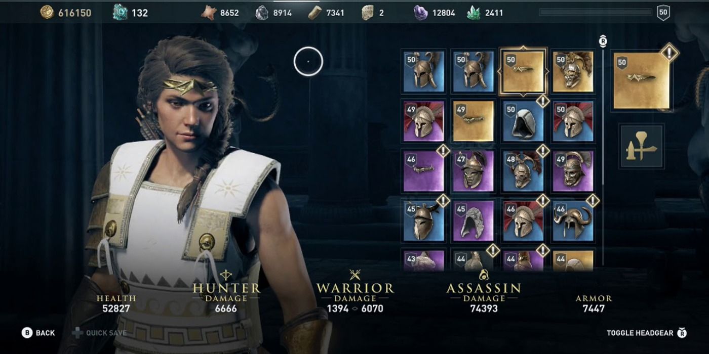 image of Kassandra in armor in the menu in Assassin's Creed Odyssey