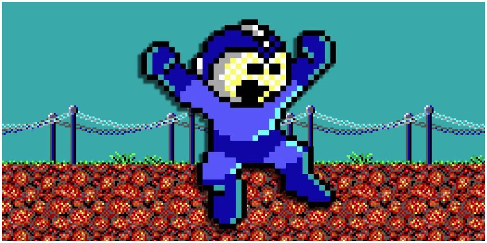 Mega Man sprite up close leaping with background in Mega Man