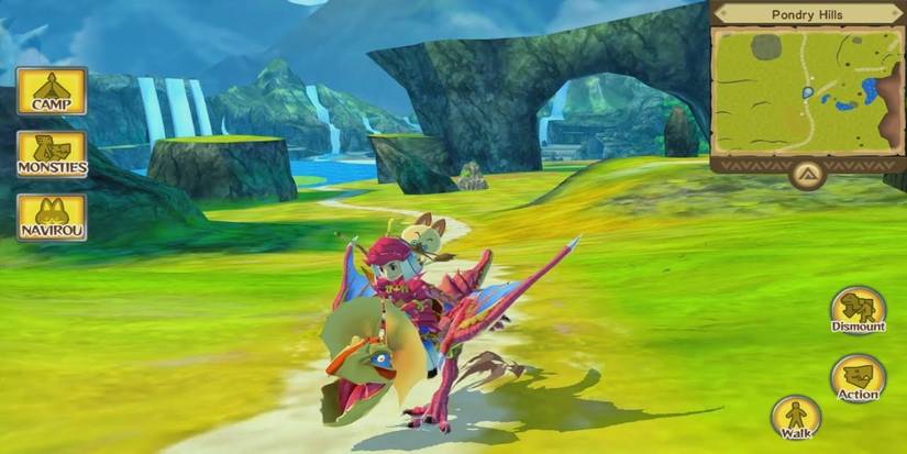 Monster Hunter Stories riding dino on path in field