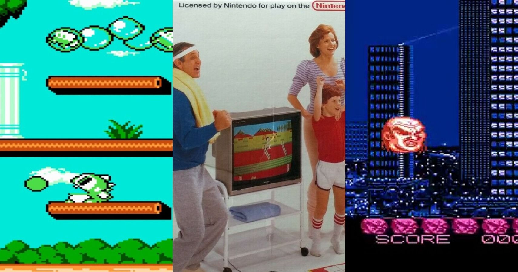 NES Rarest Games Stadium Events, Bubble Bobble 2, Zombie Nation split image