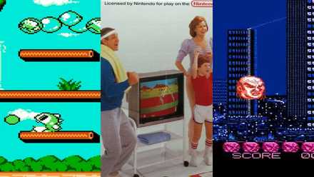 NES Rarest Games Stadium Events, Bubble Bobble 2, Zombie Nation split image