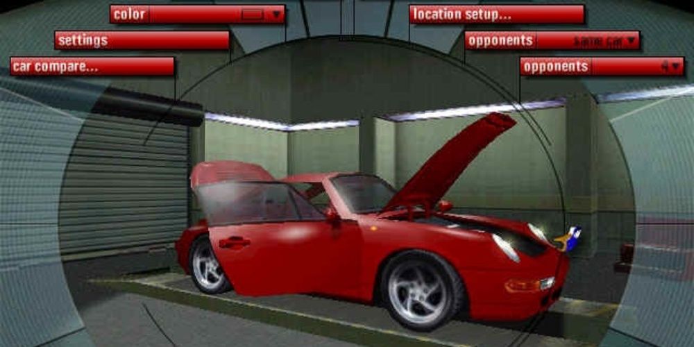 A red car is shown with a number of customization options in Need For Speed Porsche Unleashed