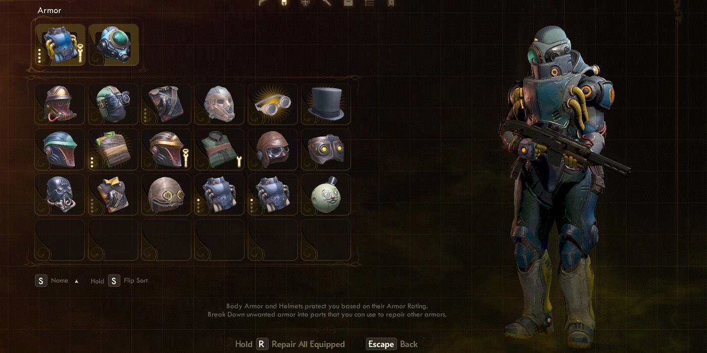 Outer Worlds armor menu screen
