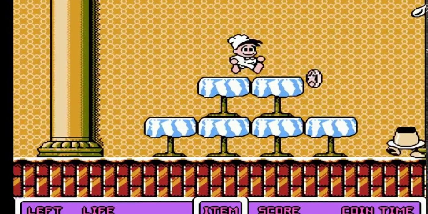 Panic Restaurant NES platforming chef running across table stack