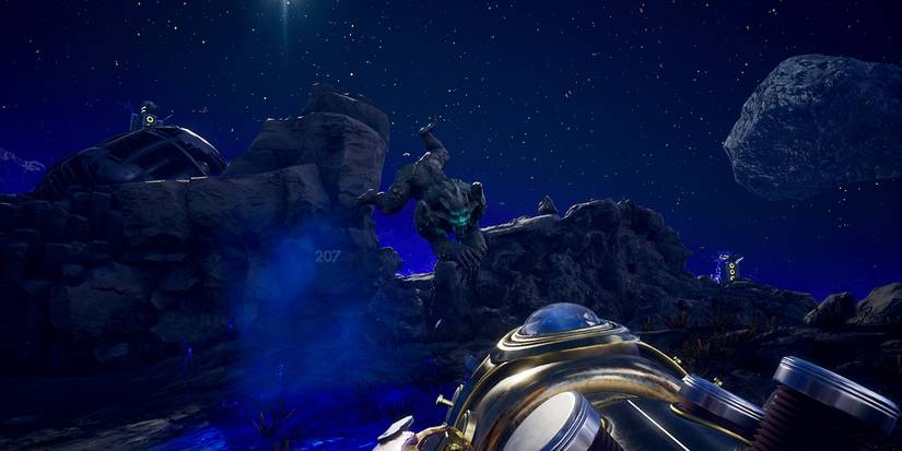 Outer Worlds character pointing a gun at a Primal