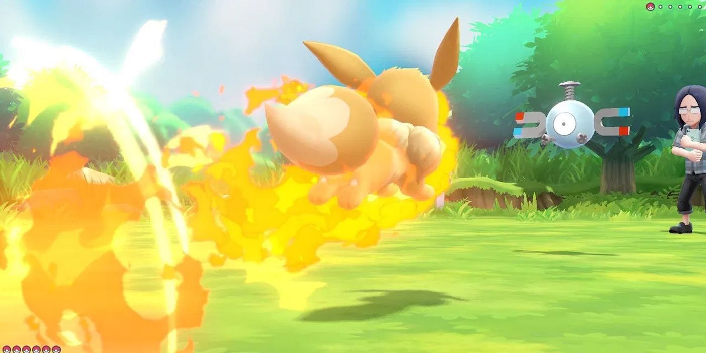 Eevee usando o movimento Sizzly Slide em Pokémon