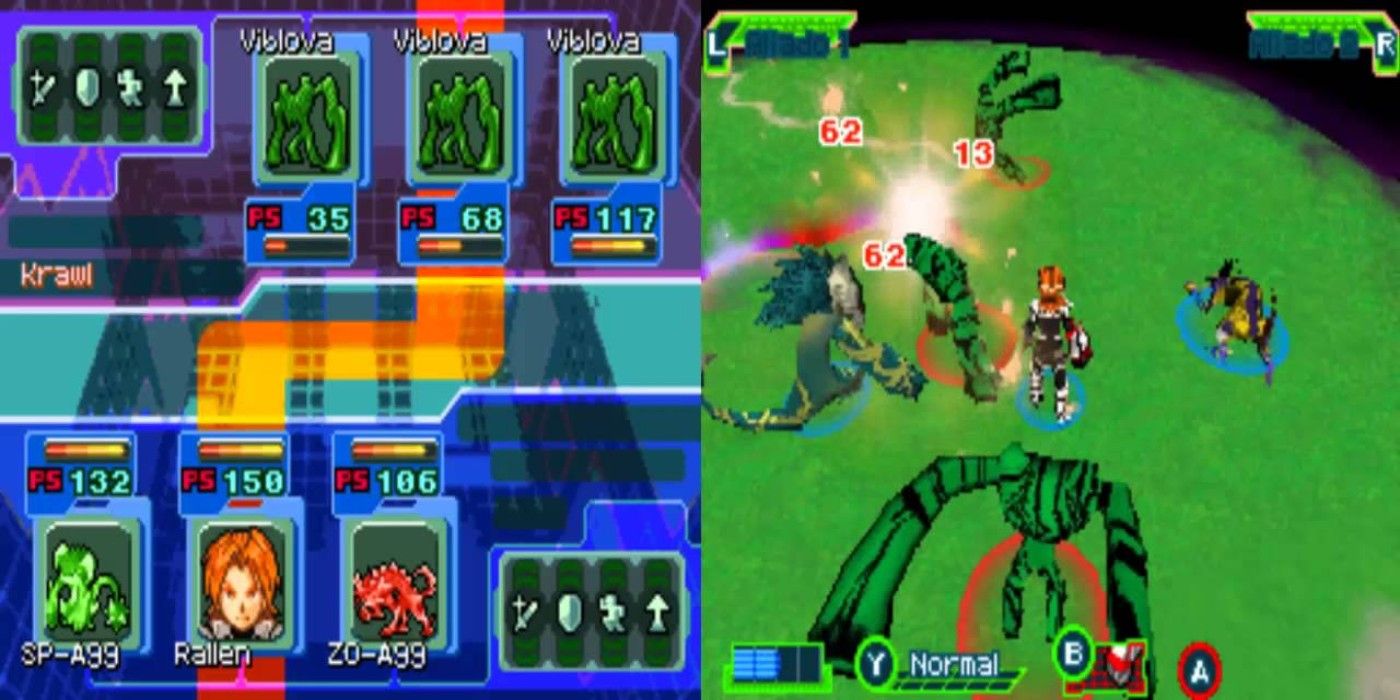 Spectrobes split screen of battlefield and party enemy stats