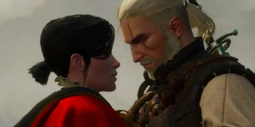 Geralt and Syanna hold each other in The Witcher 3