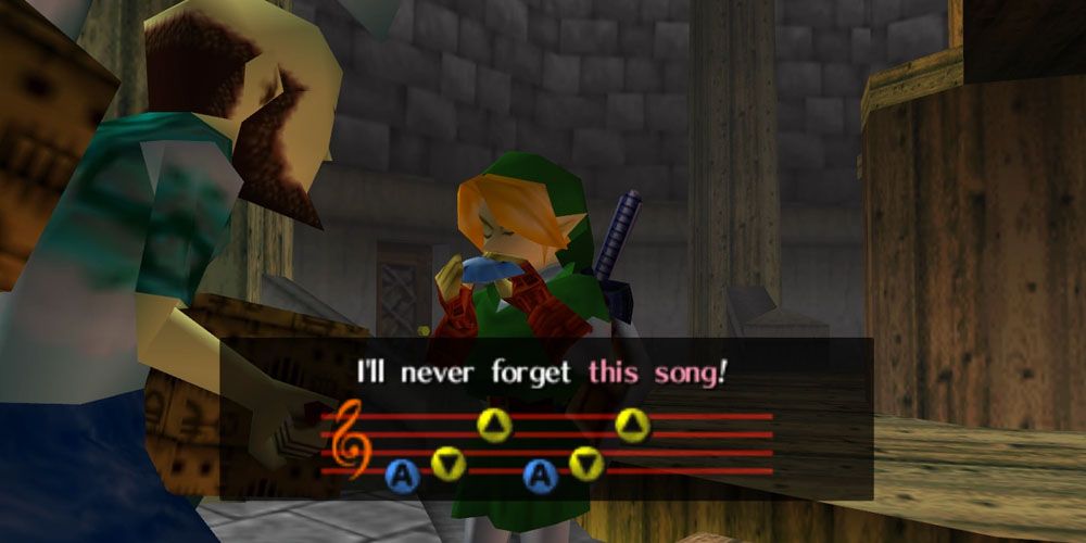 Link teaches the old man the Song of Storms in Ocarina of Time