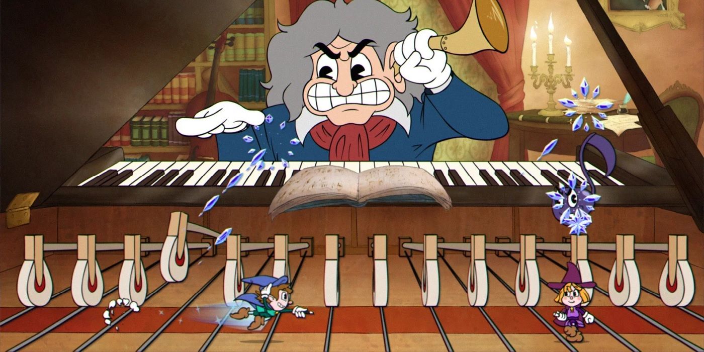 cartoon characters fighting piano player