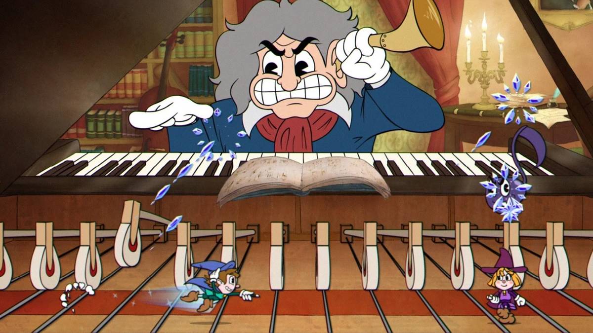 cartoon characters fighting piano player
