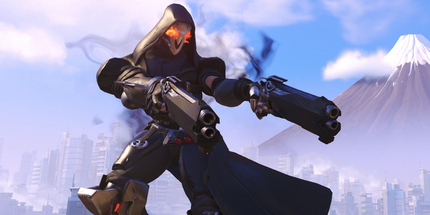 Reaper aiming dual shot guns with glowing eyes in Overwatch