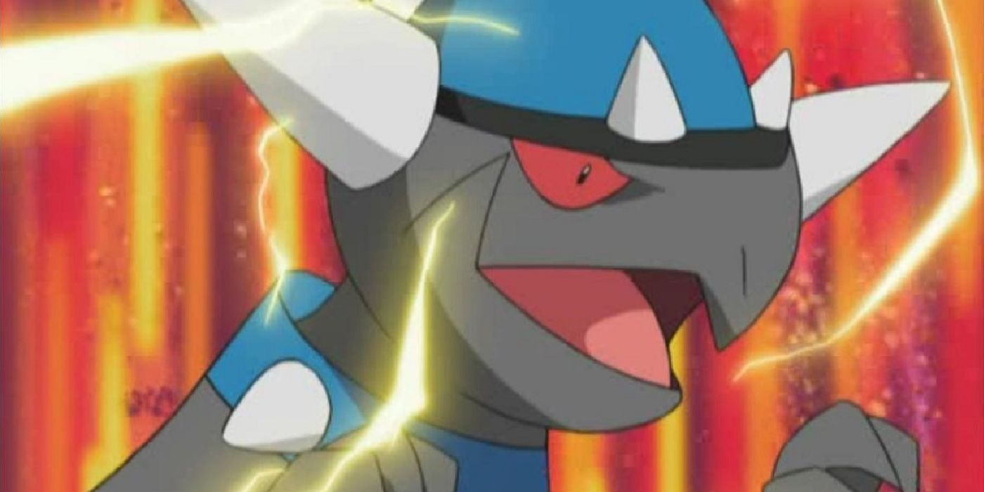 Rampardos Pokemon close up with lightning and flames
