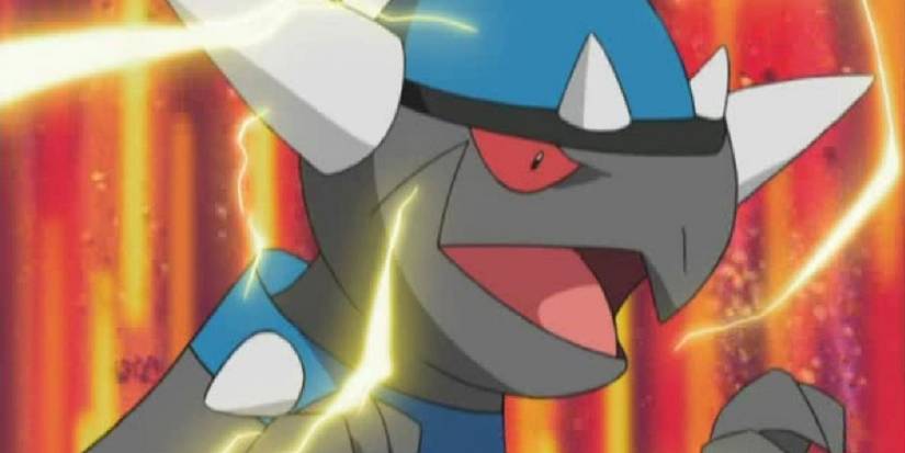 Rampardos Pokemon close up with lightning and flames