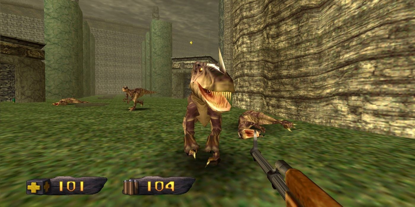 Player aiming a gun at a dinosaur