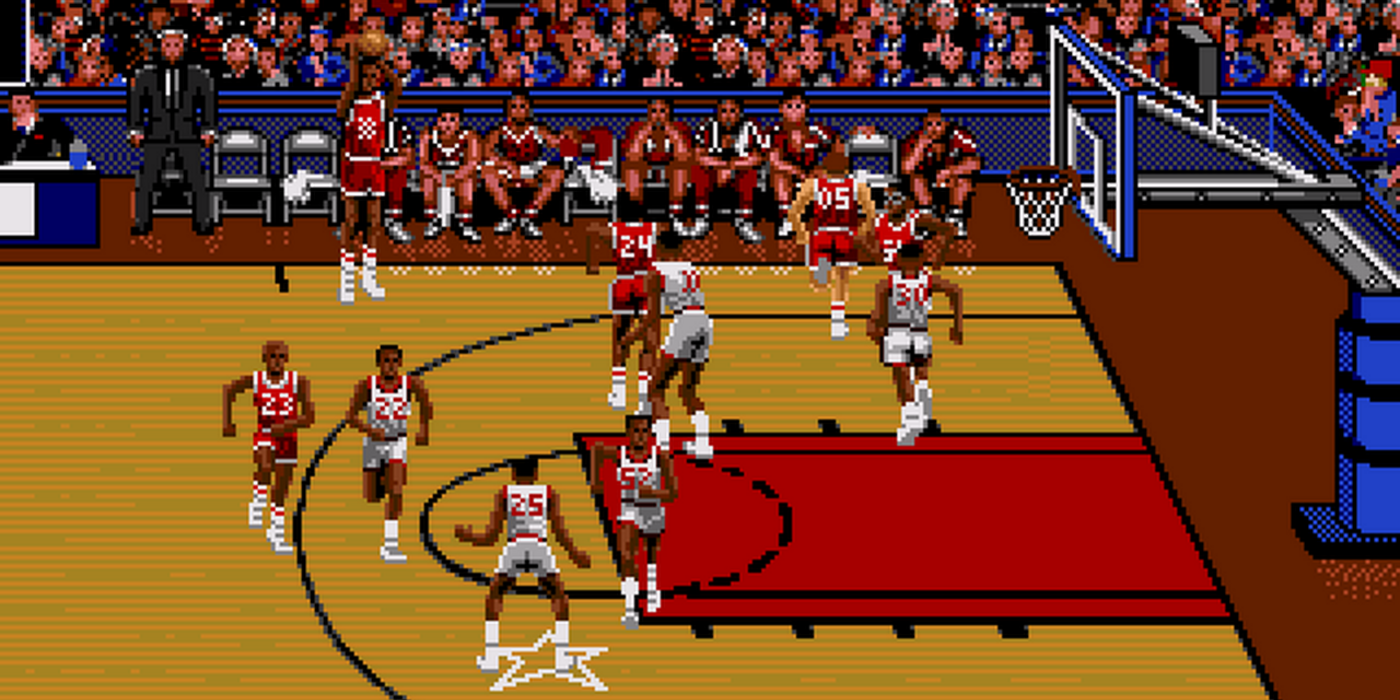 Bulls vs. Blazers full court basketball on red court