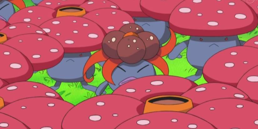 Multiple Vileplume Pokemon crowding around upset Gloom in anime