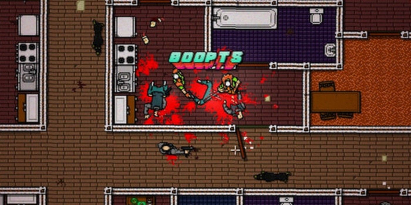 Bloody scene in bathroom in Hotline Miami 2