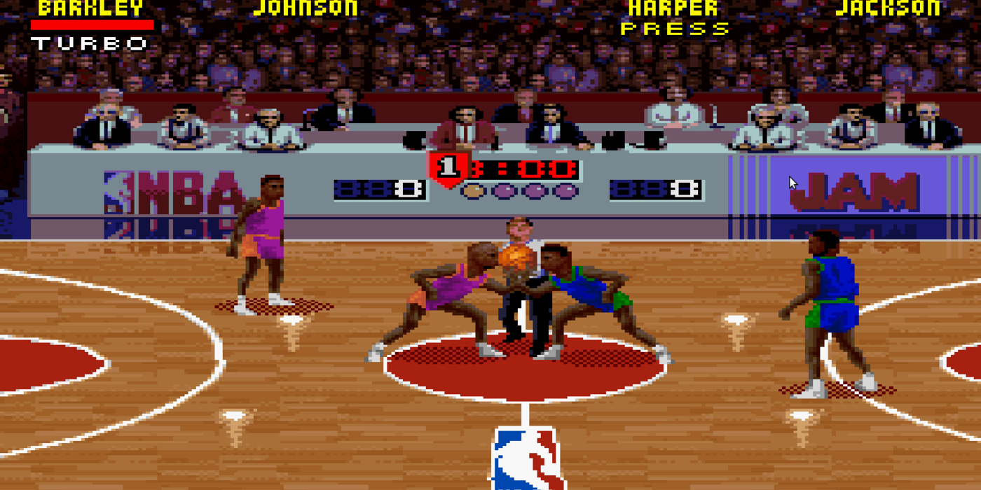 Players facing off for posession in NBA Jam