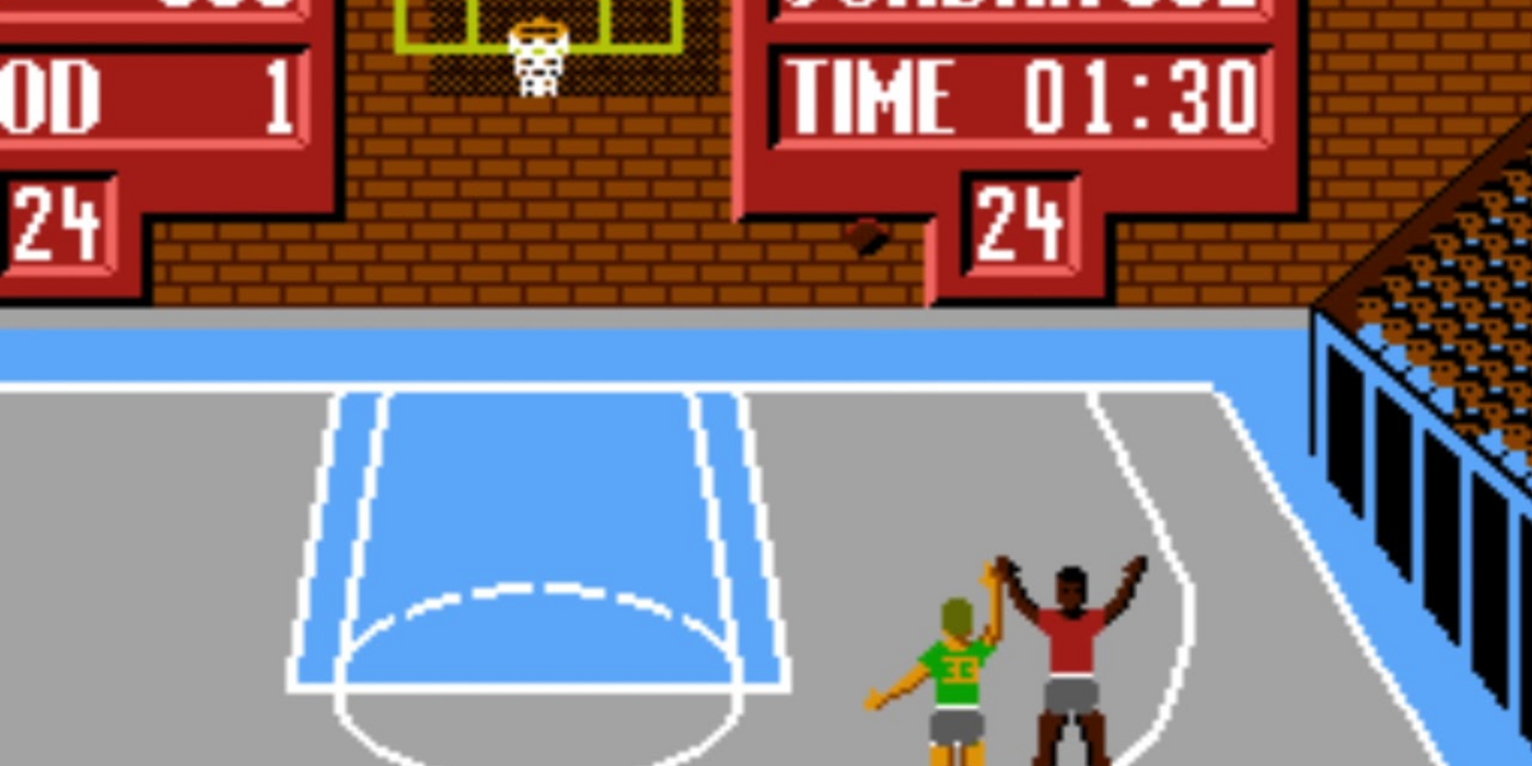 Jordan vs Bird facing off in pixelated NBA brick court