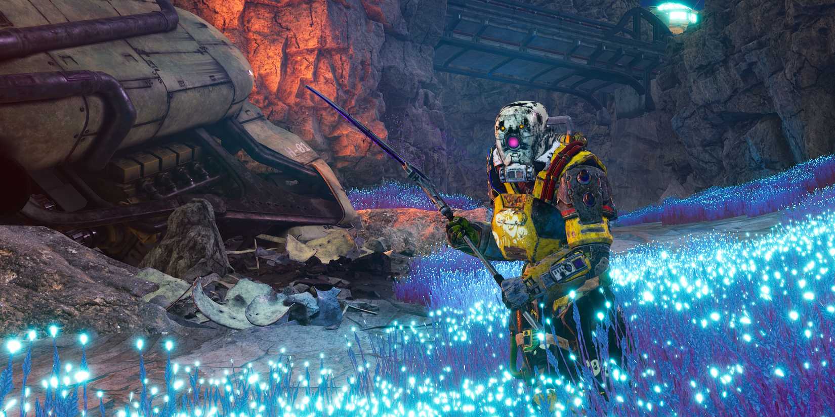 Armored character in field of glowing blue flowers.