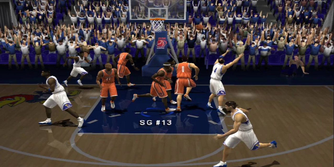 Playing aggressive basketball in NCAA March Madness 2003 with crowd cheering