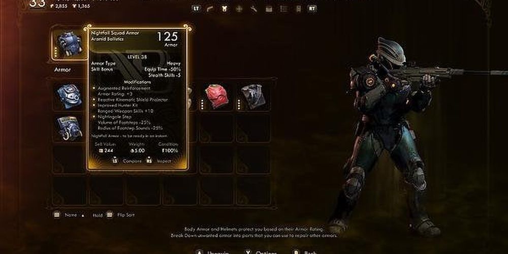 Nightfall Squad Armor Outer Worlds menu screen