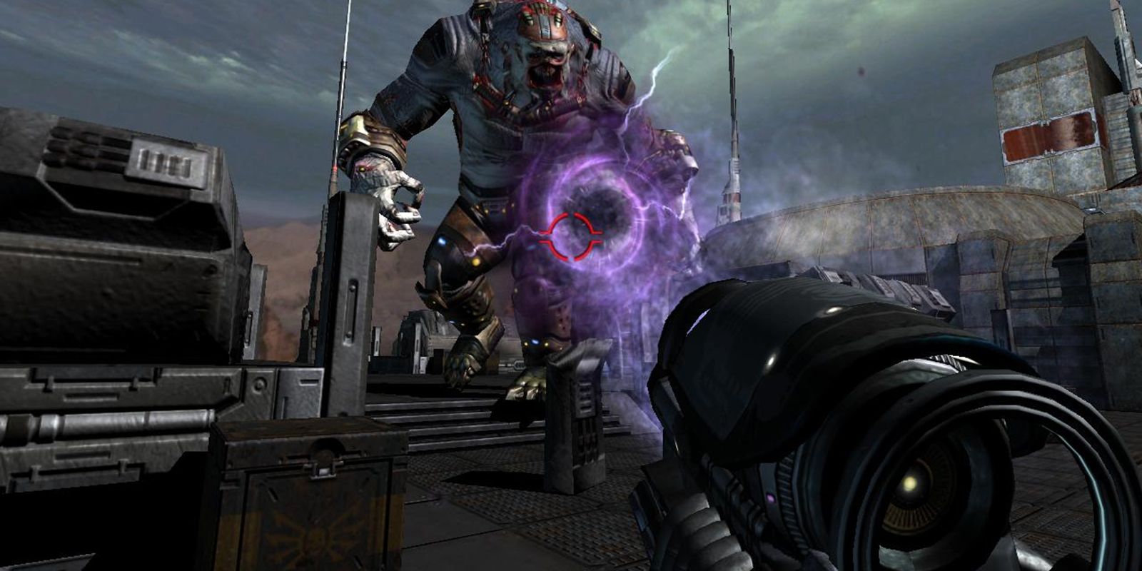 Quake 4 Dark Matter Gun being fired at enemy