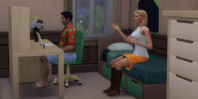 The Sims 4 Older Sim sitting in dorm room