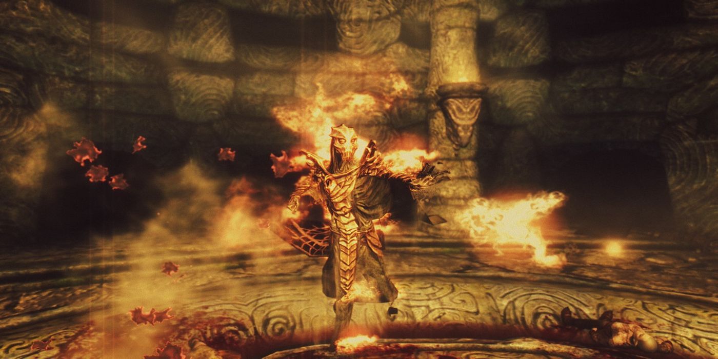 Скайрим Солстхейм Драконий жрец Азидаль использует огненное заклинание