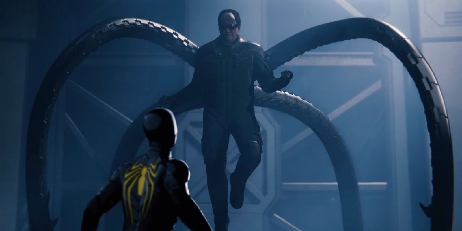 Doctor Octopus towers over Spiderman using his mechanical tentacles