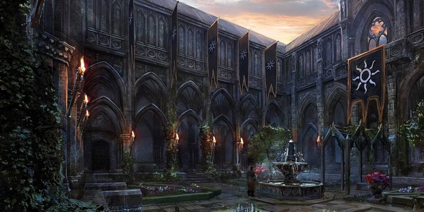 An artistic representations of courtyard in Vizima from the Witcher