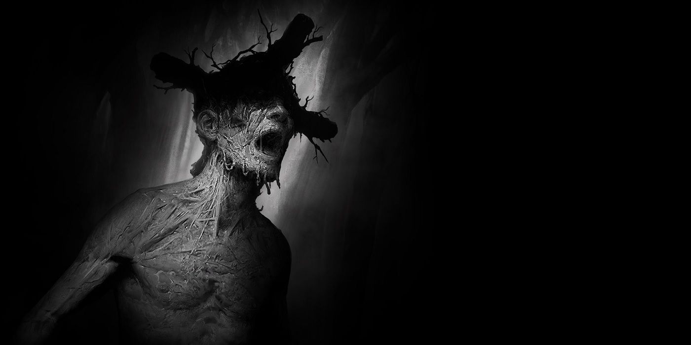 A disfigured person with what looks like a cross attached to his head in Darkwood