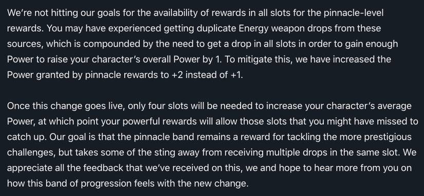 bungie blog post about pinnacle buff